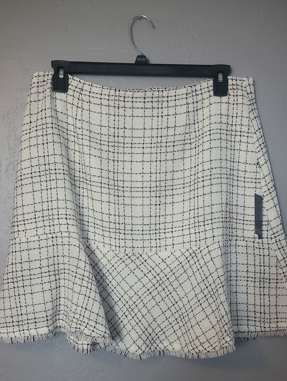 Eloquii White and Black Grid A-Line Skirt with Frayed Hem